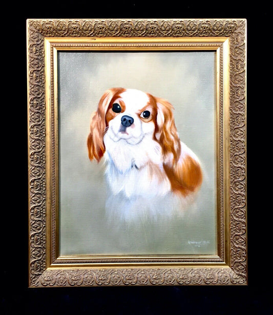 Vintage Framed Cavalier King Charles Spaniel Dog Oil Painting on Canvas