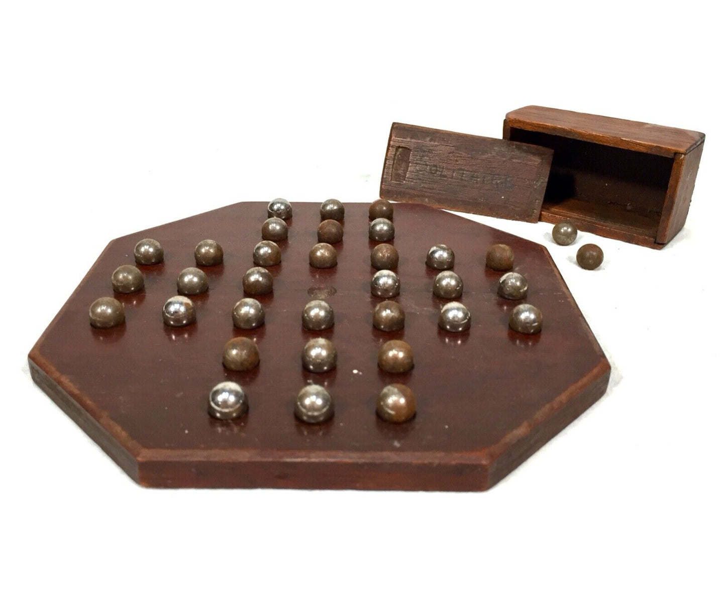 Antique Miniature Travel Solitaire Game / Boards & Balls / Wooden / Boxed