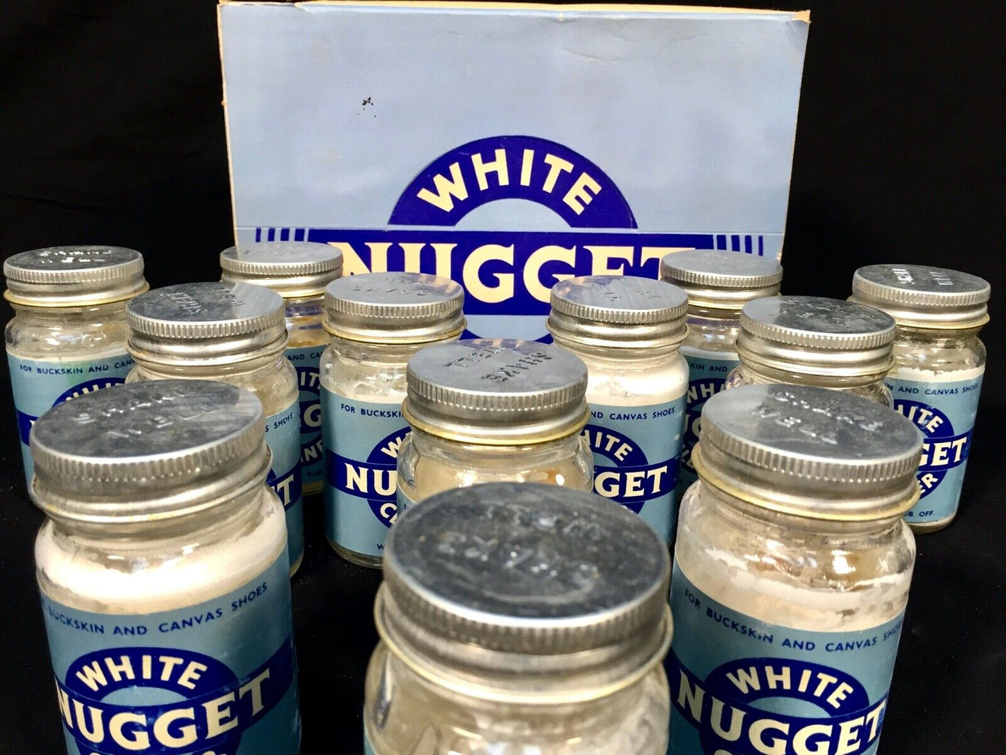 Antique Advertising - Boxed Case of Nugget Shoe Polish White in Glass Jars