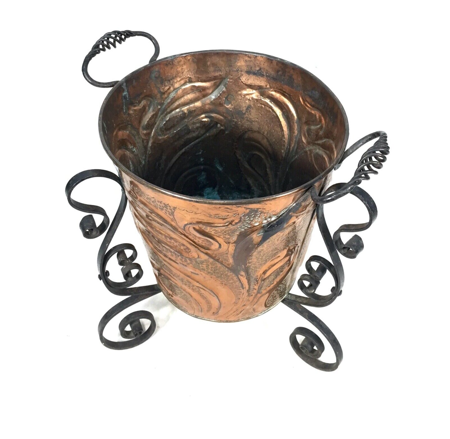 Antique Art Nouveau Copper & Cast Iron Bin / Planter / Arts & Crafts Log Basket