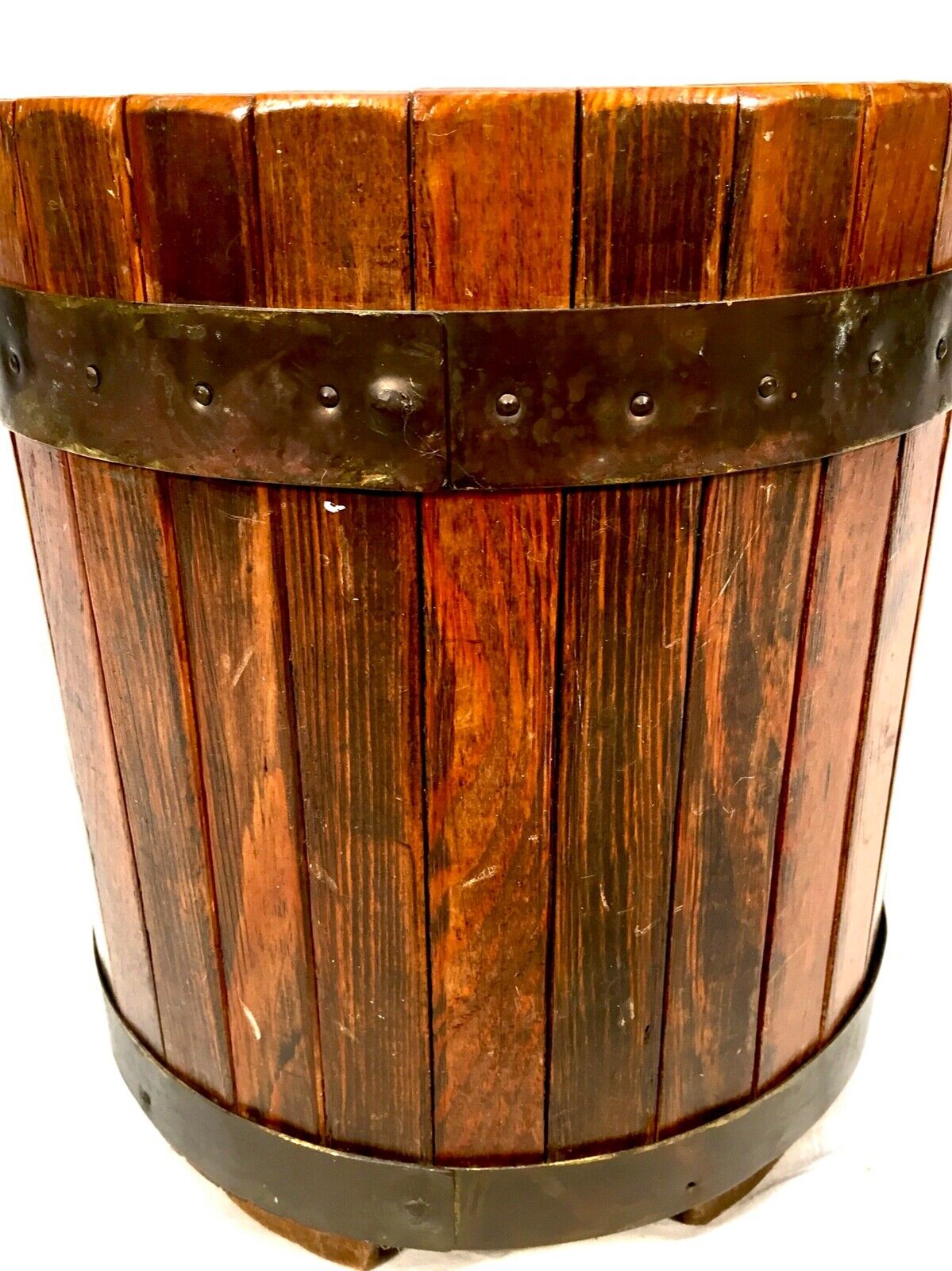 Antique Wooden Pine & Brass Bound Planter / Plant Pot / Bucket / Rustic Log Bin