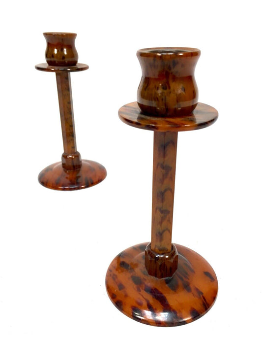 Vintage Pair of Matching Candlestick Holders / Retro / Faux Tortoise Shell 1970s