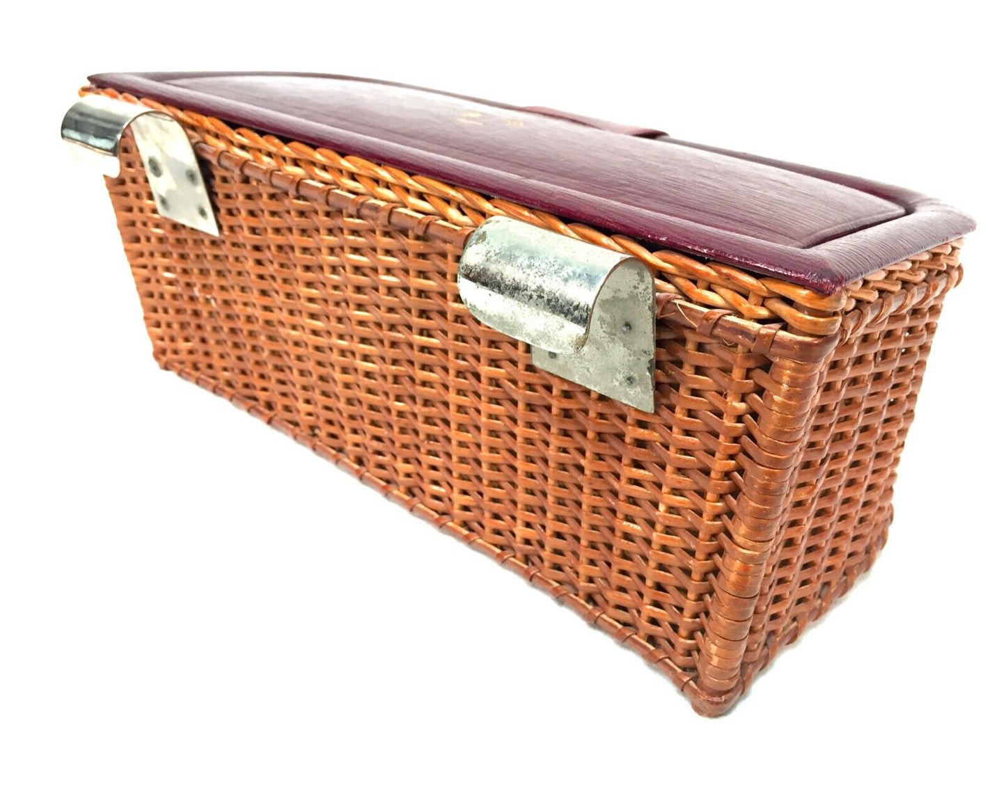 Antique Messenger Red Leather Bound Stationery Box & Wicker Basket Design c.1910
