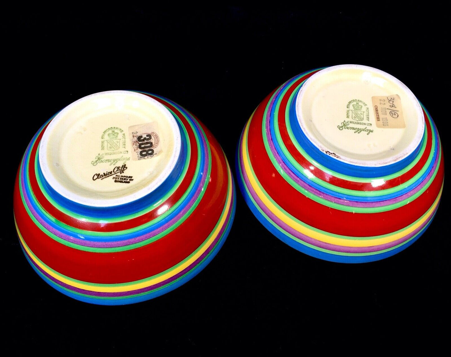 Clarice Cliff - Pair of Liberty Stripe Band Bowls / Art Deco Pottery / c1930