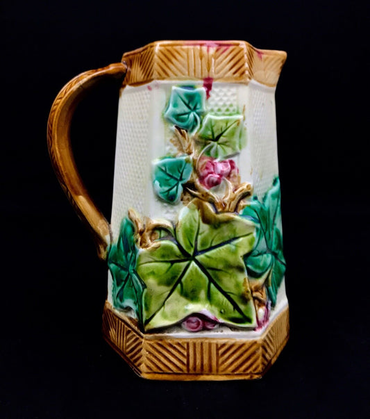 Antique European Majolica Jug / Vase Leaf Floral Design Green / Brown / Red