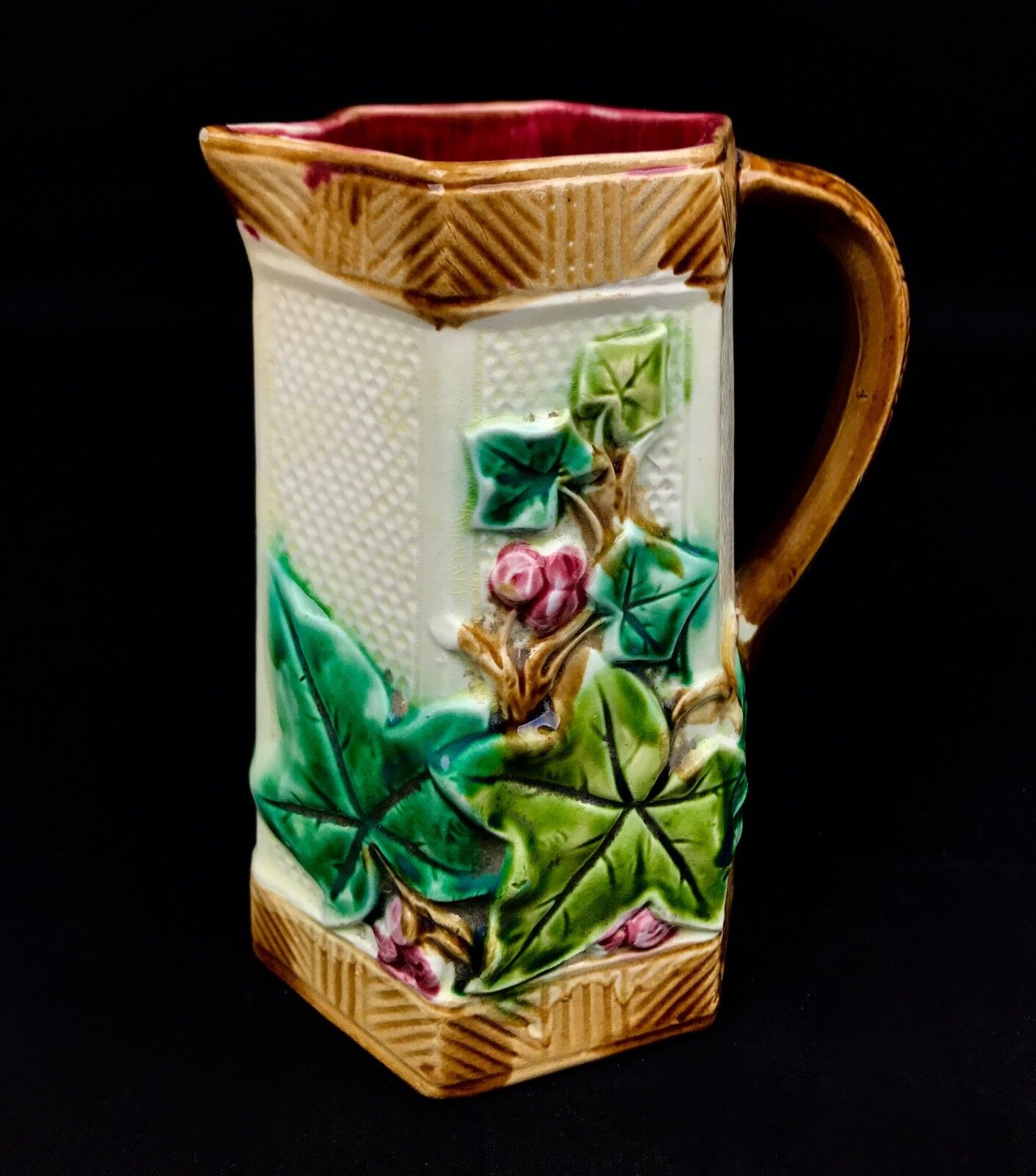 Antique European Majolica Jug / Vase Leaf Floral Design Green / Brown / Red