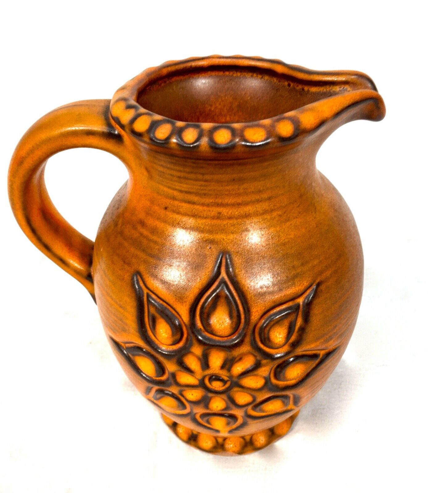 Vintage West German Pottery Fat Vase / Jug orange & Brown /  Retro 1970s