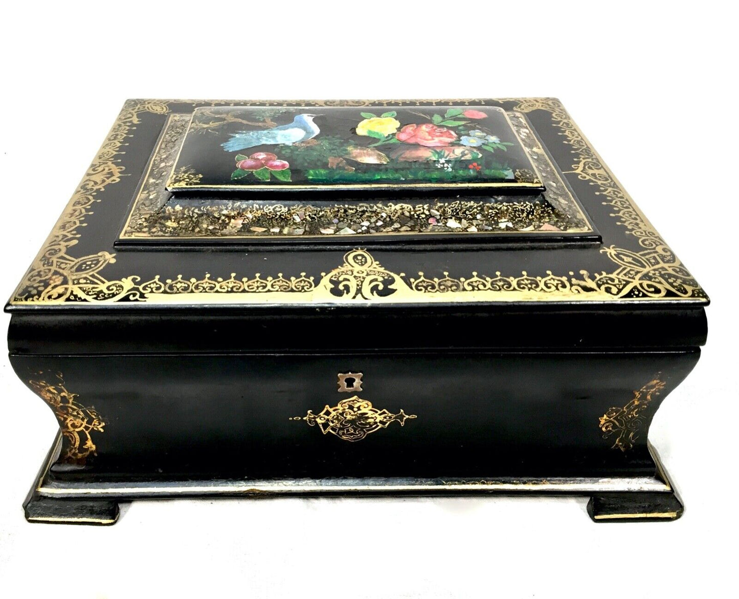 Antique Victorian Papier-Mache Mother of Pearl Inlaid Sewing Box & Contest c1880