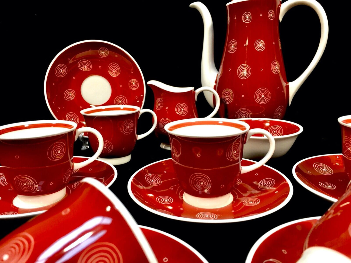 Vintage Susie Cooper Coffee Set for 6 people / Red & White Swirls / Antique