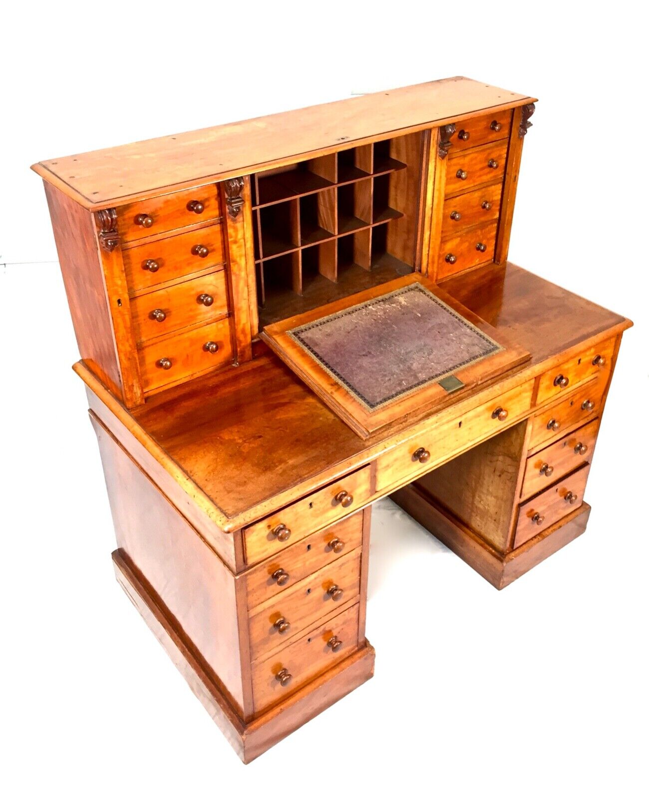 Antique Edwardian Wooden Walnut Dickens Desk / Large Twin Pedestal / c.1900