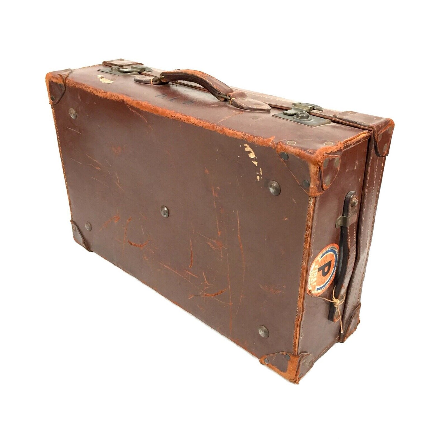 Antique Leather Gentleman's Travel Bag / Suitcase / Trunk with Travel Stickers .