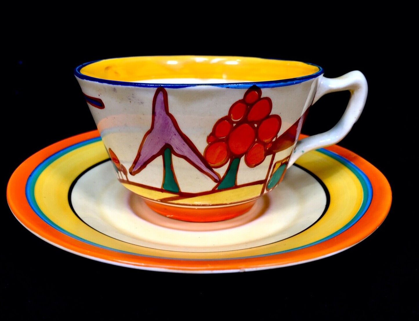 Clarice Cliff Athens Tea Cup & Saucer Seven Colour Trees & House c1930 Bizarre