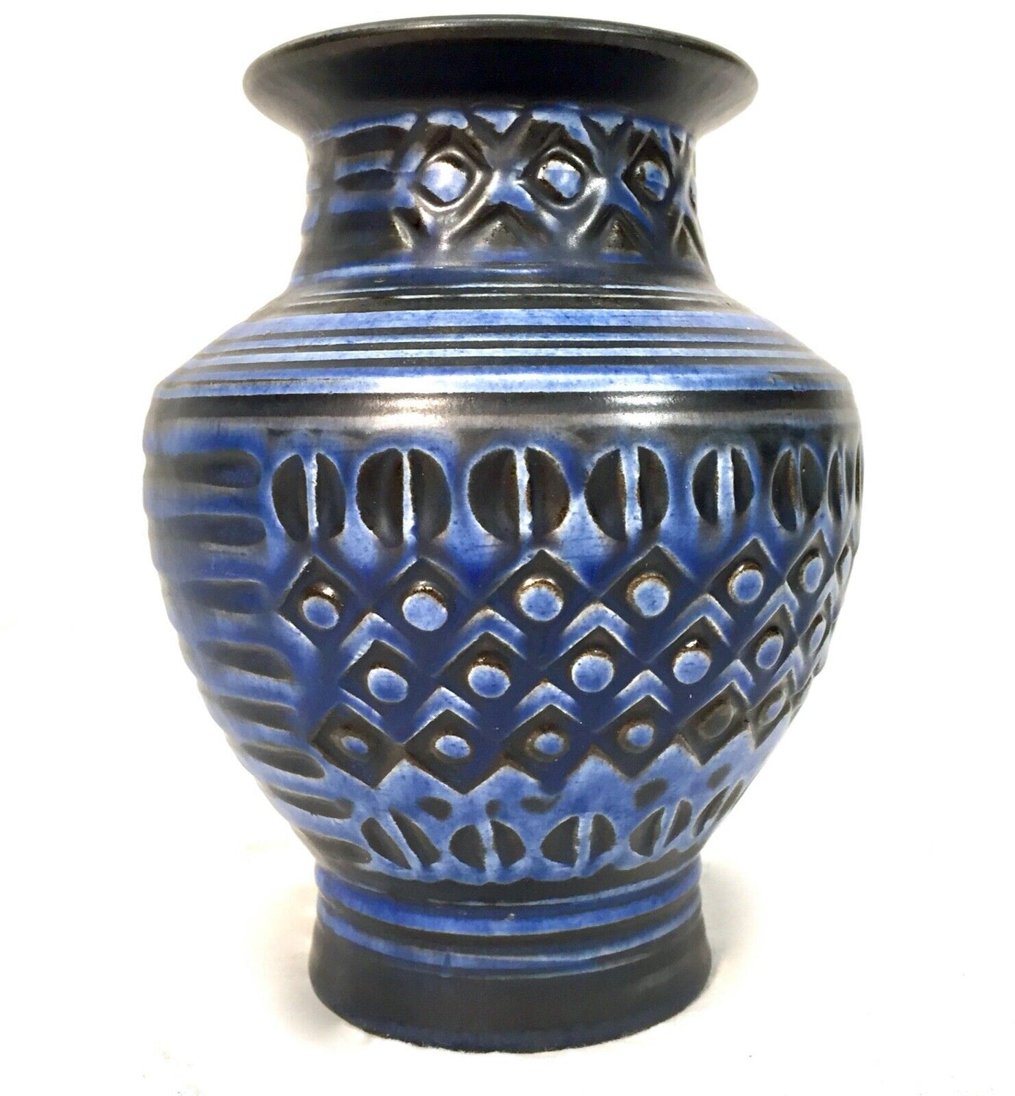 Vintage West German Pottery Fat Vase / Blue & Black /  Retro 1970s