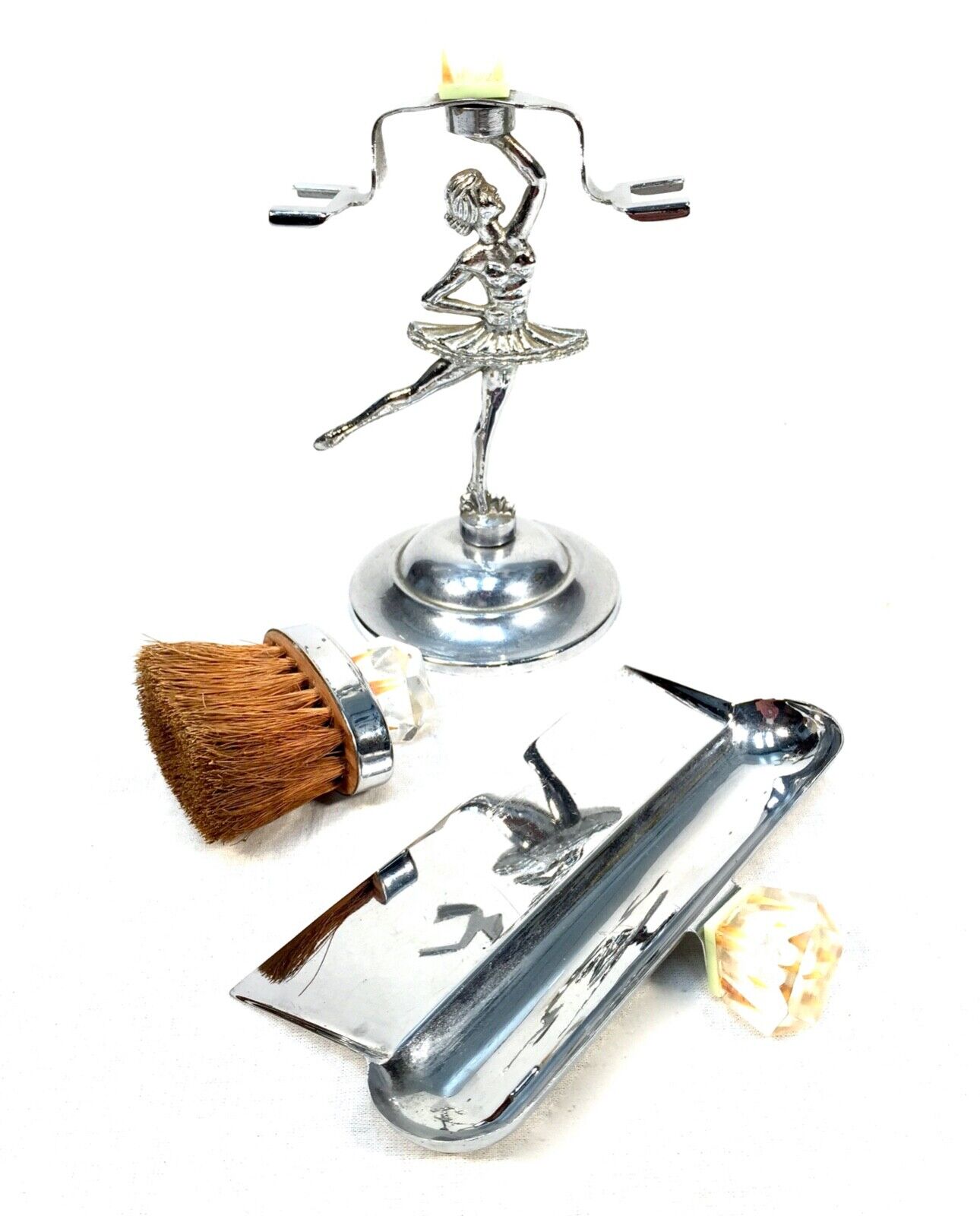 Antique Chrome & Lucite Table Crumb Brush and Tray Set Ballerina Art Deco Style