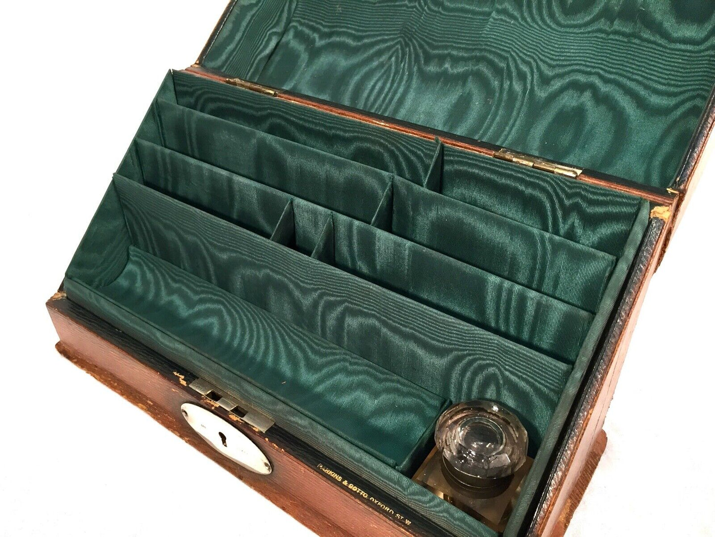 Antique Leather Bound Stationery Box By Parkins & Gotto & Sterling Silver Detail