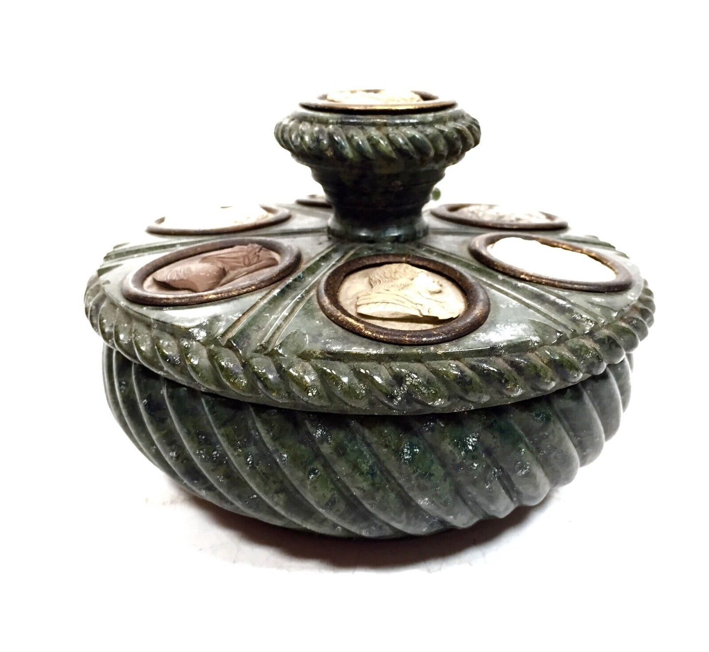 Italian Green Serpentine Marble / Stone Antique Grand Tour Inkwell / Ink Stand