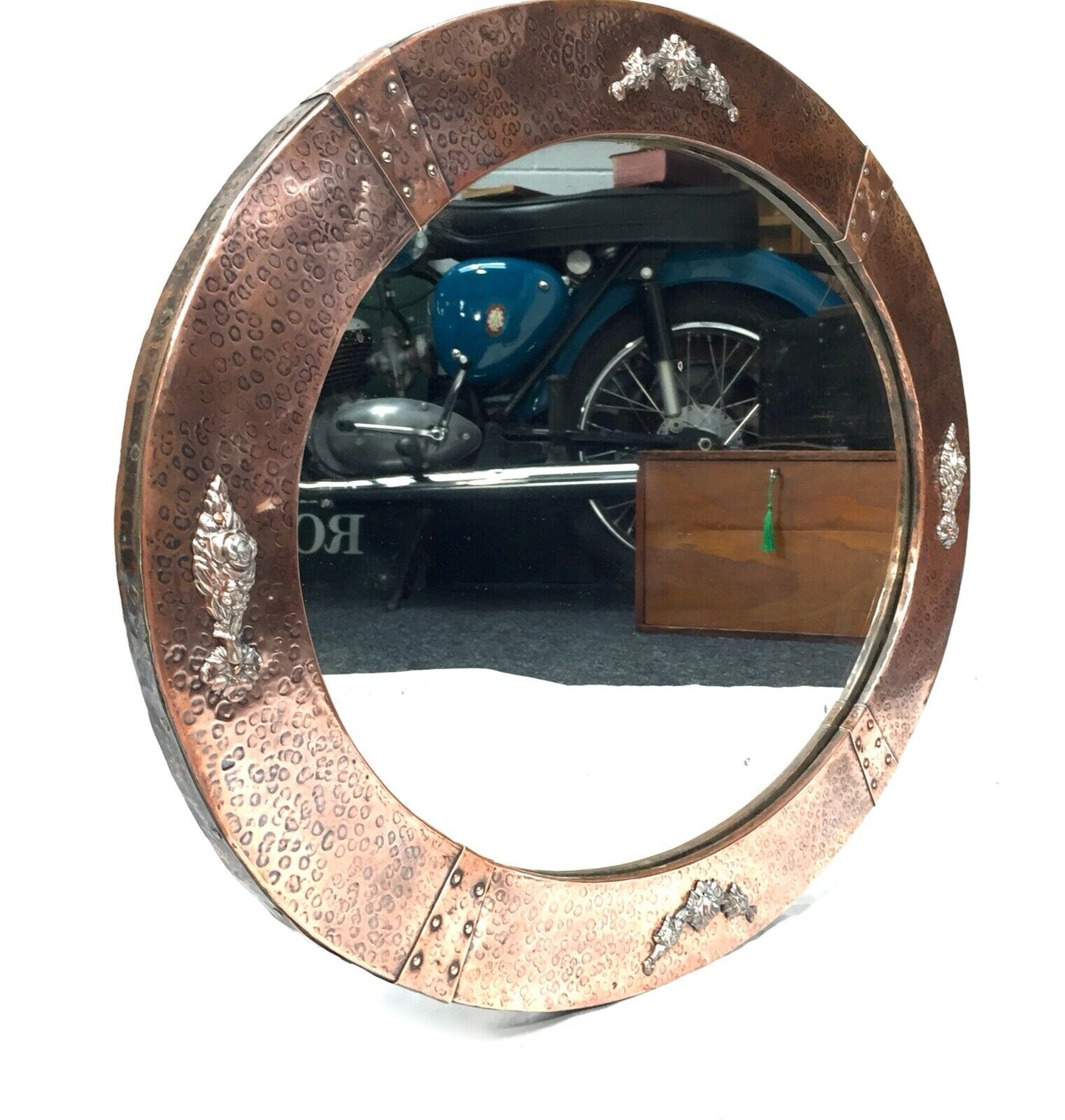 Antique Arts & Crafts Large Copper Framed Wall Mirror / Oval / c.1900