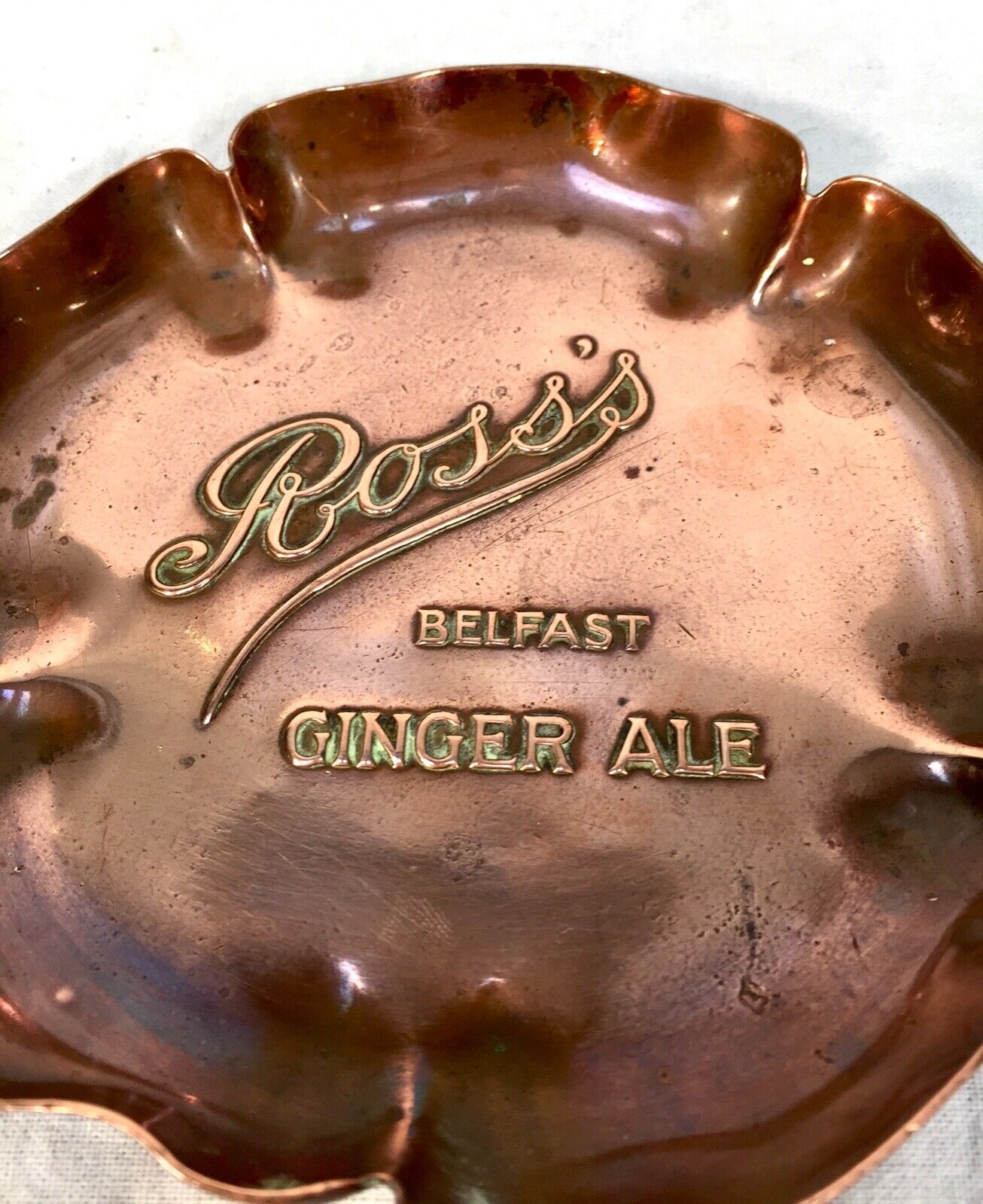 Antique Advertising - Copper Pub Ashtray / Dish for Ross's Belfast Ginger Beer