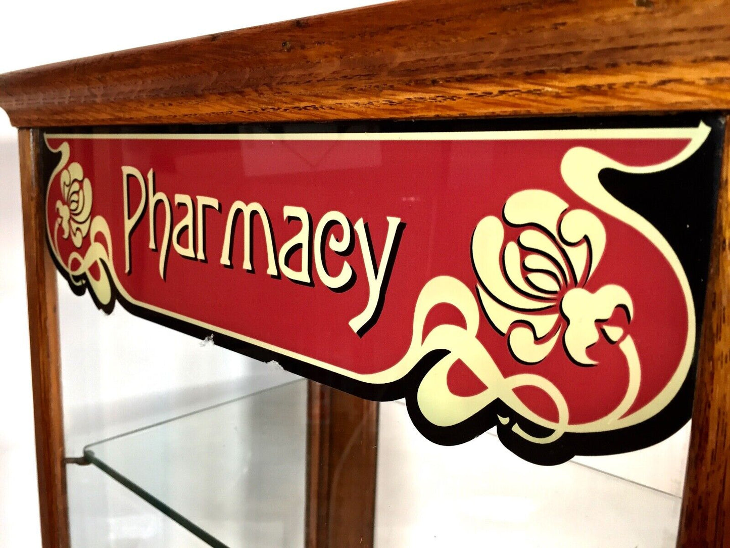 Antique Oak Wooden Glazed Pharmacy Shop Display Cabinet / Medicine Bottles