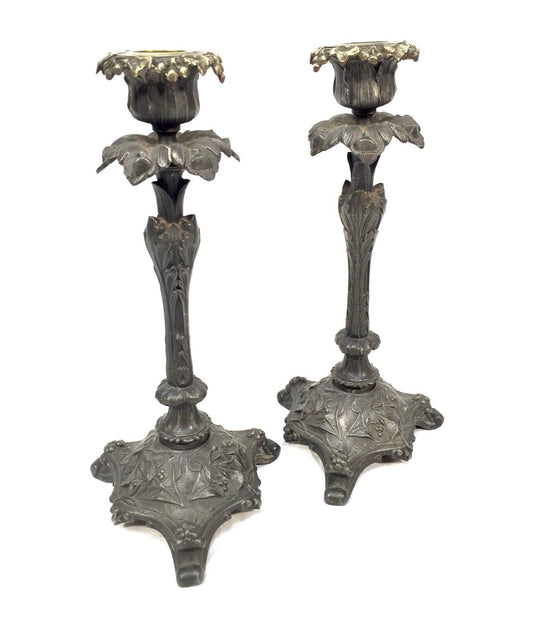 Antique Pair Of Cast Metal & Brass Candle Stick Holders / Vintage / 20th Century