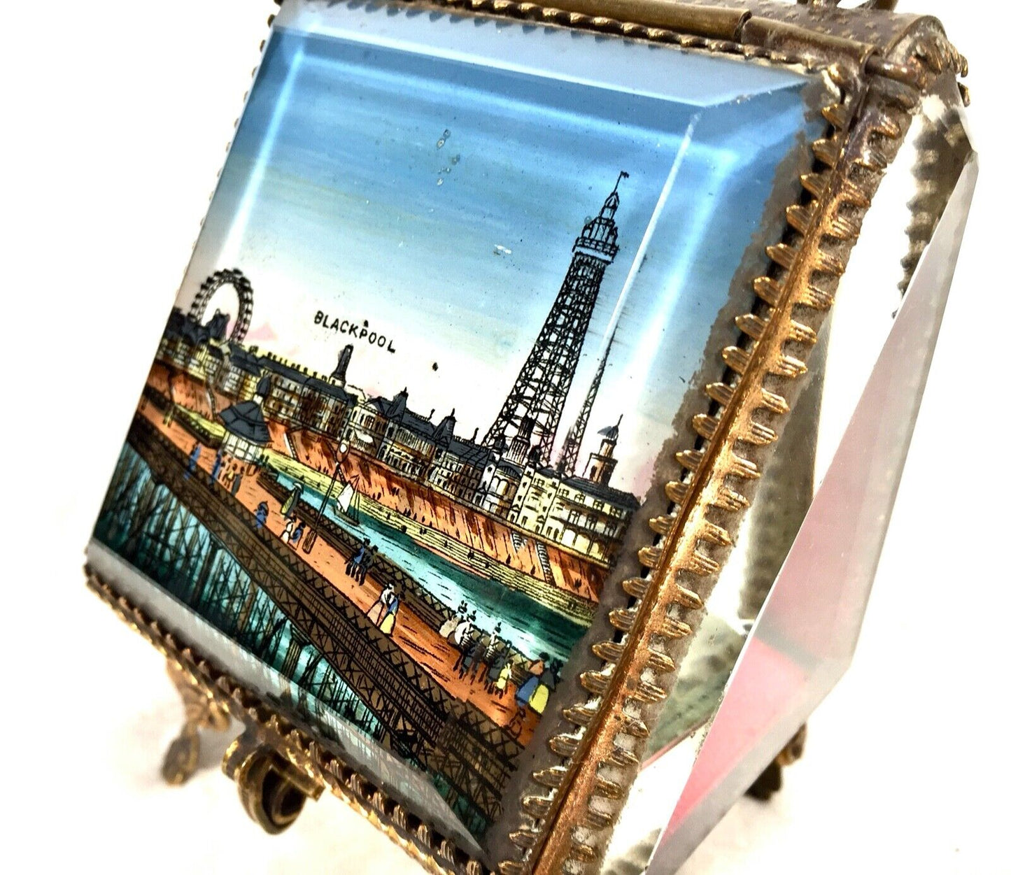 Antique Brass & Painted Glass Pocket Fob Watch Stand Jewellery Holder Blackpool