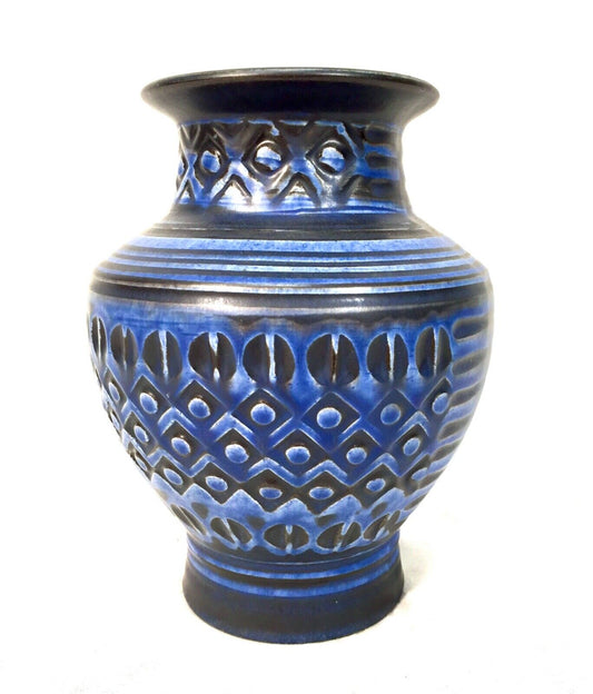 Vintage West German Pottery Fat Vase / Blue & Black /  Retro 1970s