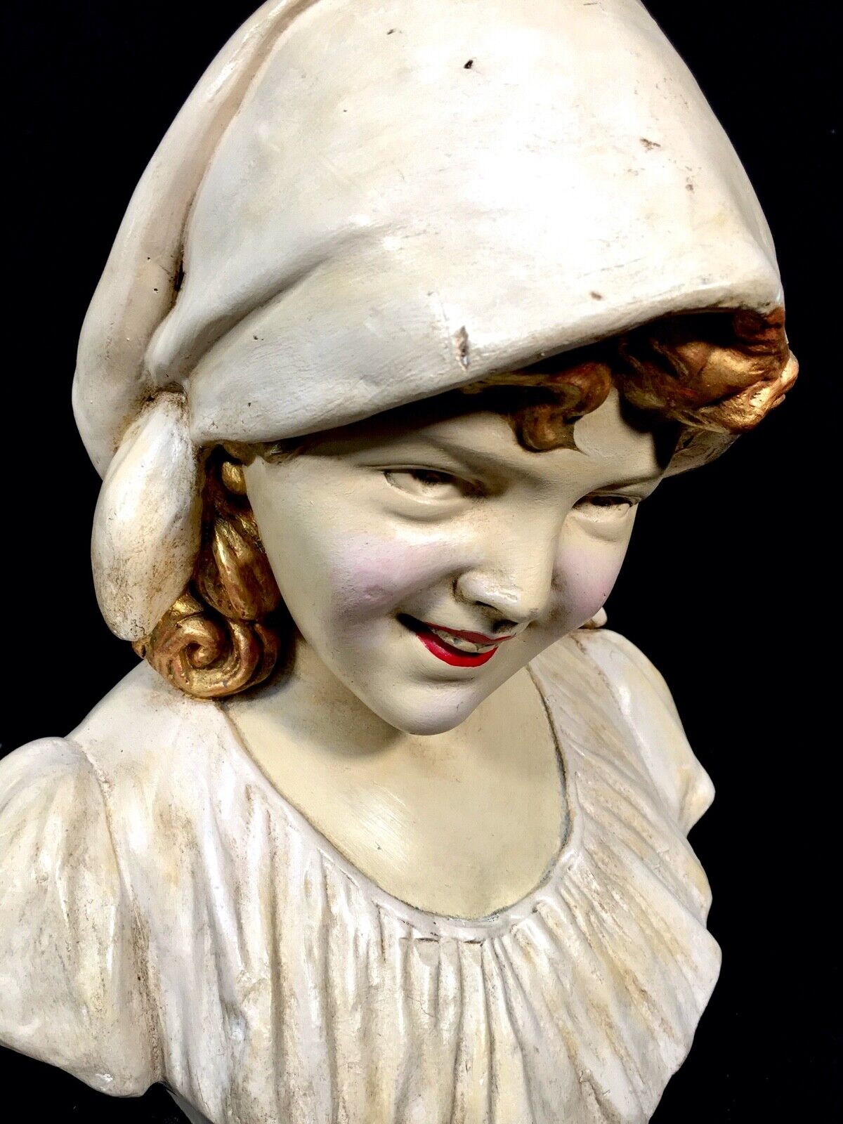 Antique French Girl Plaster Portrait Bust / Art Nouveau / c1890 / Sculpture