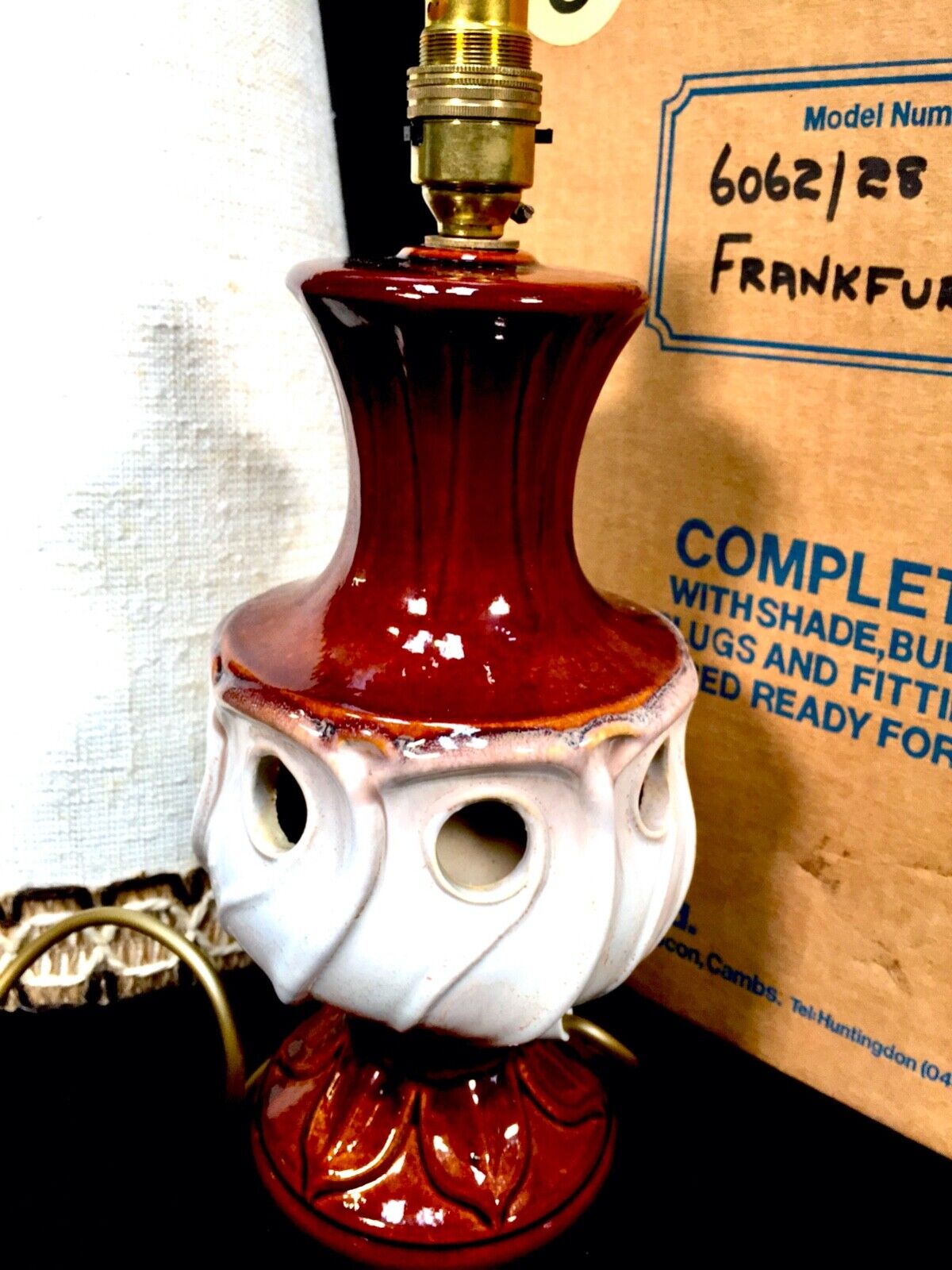 Vintage West German Pottery Lamp in Original Box / Cream & Brown / Unused 1970s