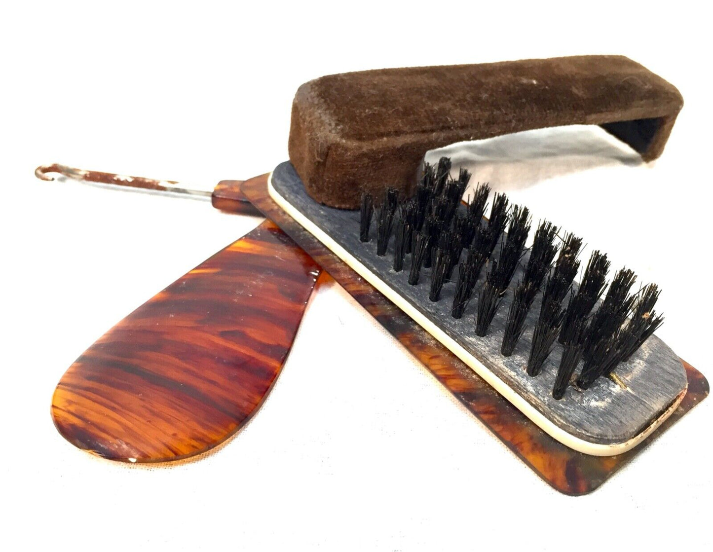Vintage 1970s Faux Tortoise Shell Shoe Shine Brush / Horn Cleaner All in One