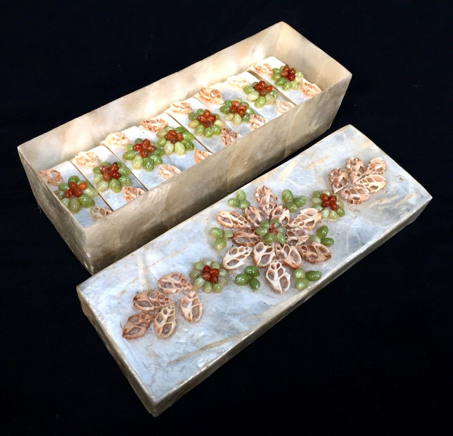 Antique Set of 8 Mother of Pearl Napkin Rings in Original Box with Shell Design