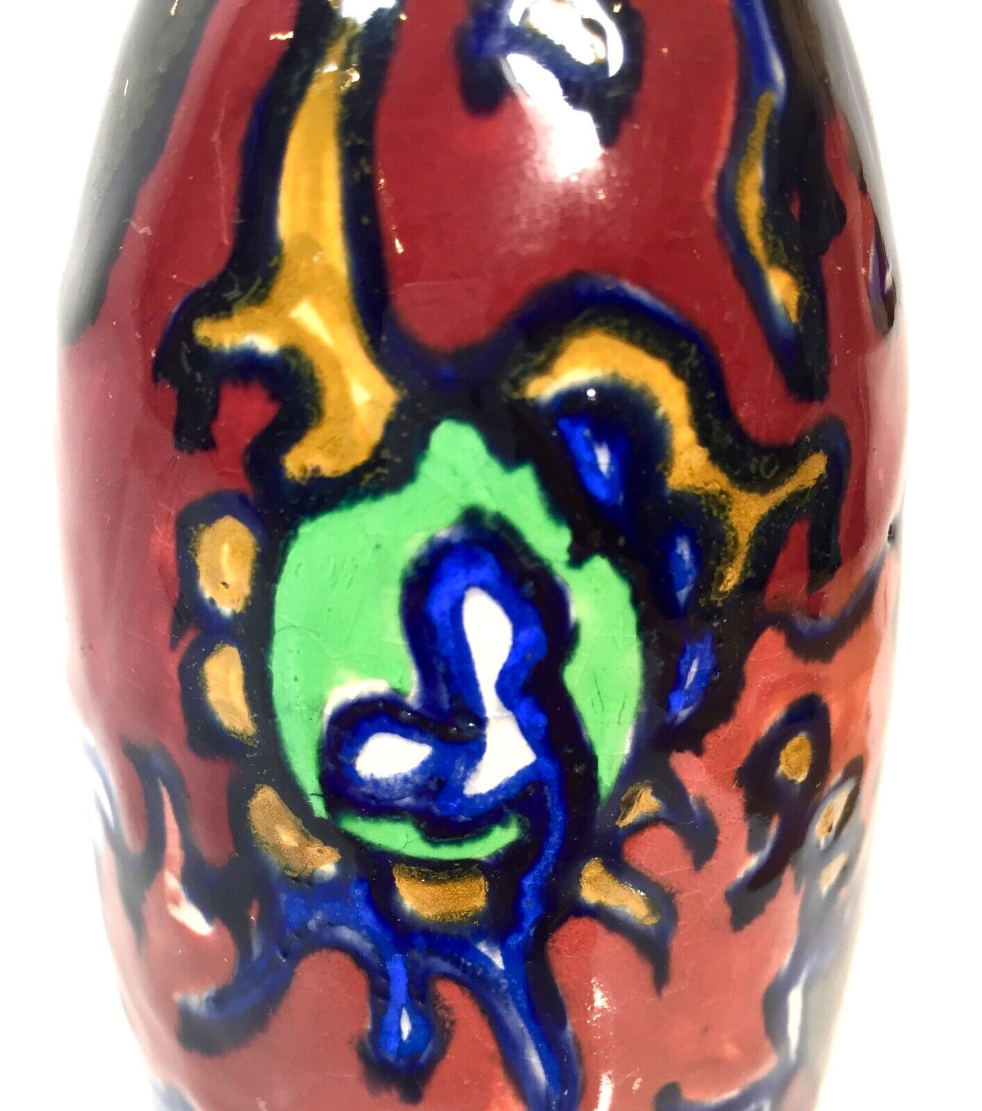 Antique High Glaze Gouda Pottery Art Deco Vase / Dutch / Blue / Green / Orange