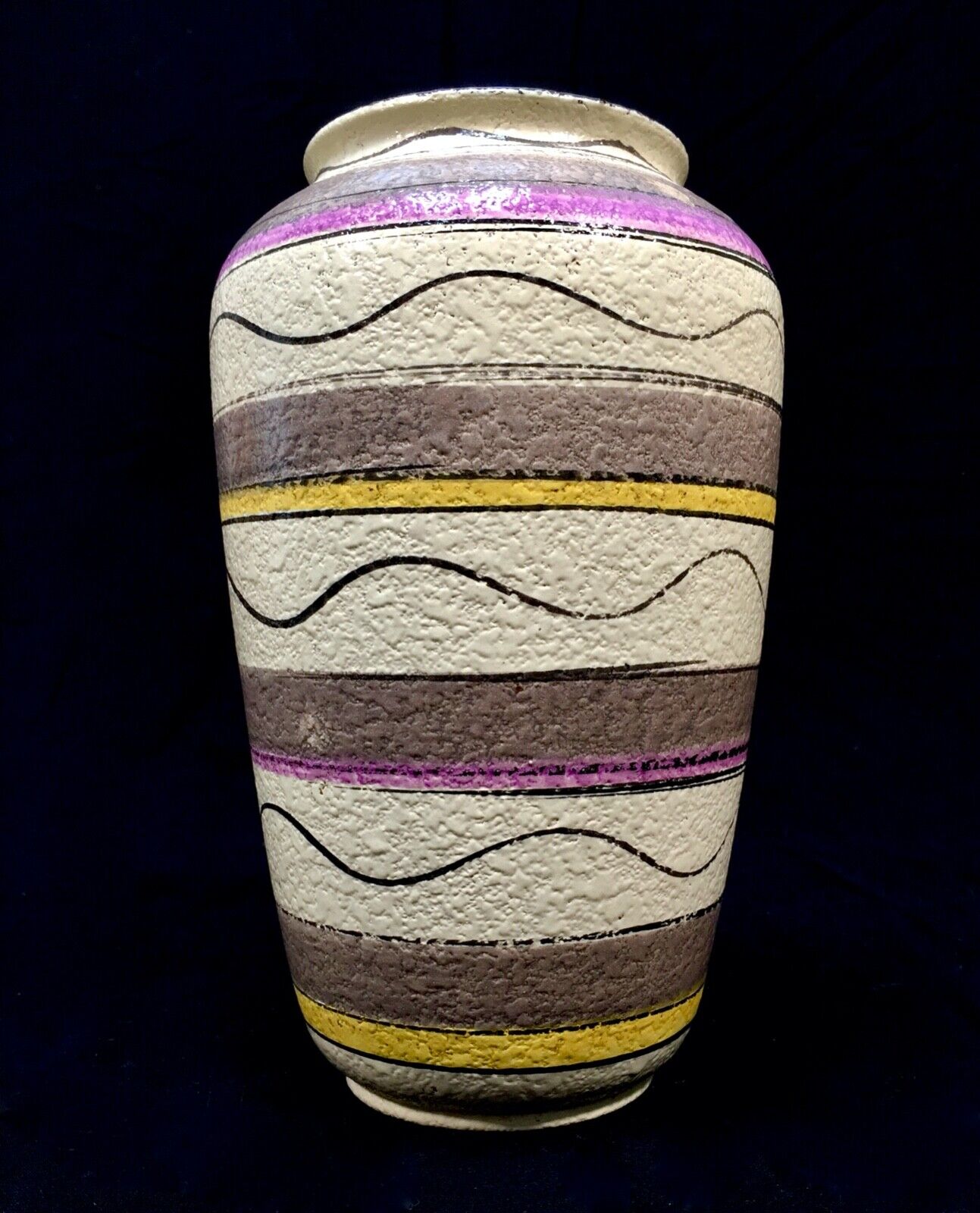 Vintage West German Pottery  Vase / Retro 1950s / Cream / Purple / Yellow
