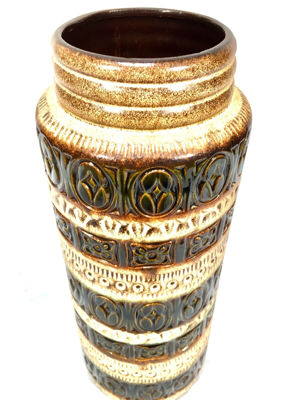 Vintage West German Pottery Vase in Original Box / Cream & Brown & Green / 1970s