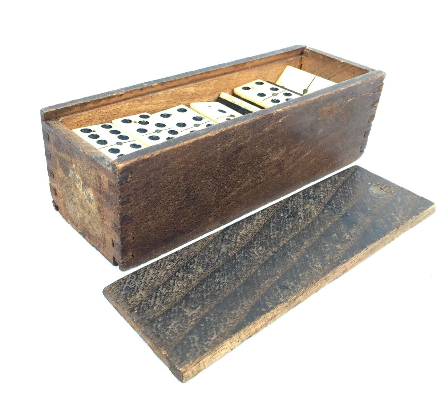 Antique Complete Set of Bone and Ebony Dominos in Wooden Travel Box / Case