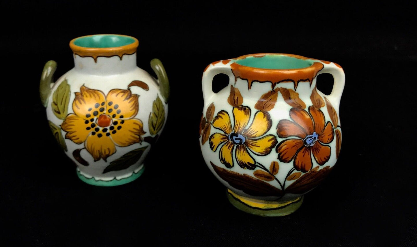 Gouda Pottery Double Handled Jug Pair Cream / 1950's Dutch / Yellow / Orange
