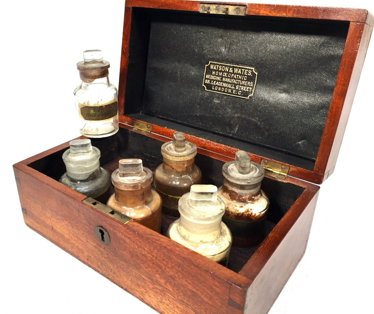 Antique Mahogany Apothecary Box / Cabinet With Glass Bottles by Watson & Wates