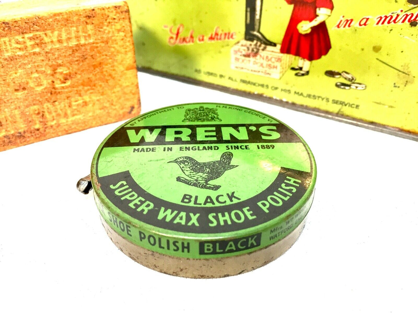Antique Advertising - Wren's Shoe Polish Tin & Contents / Brush & Wax