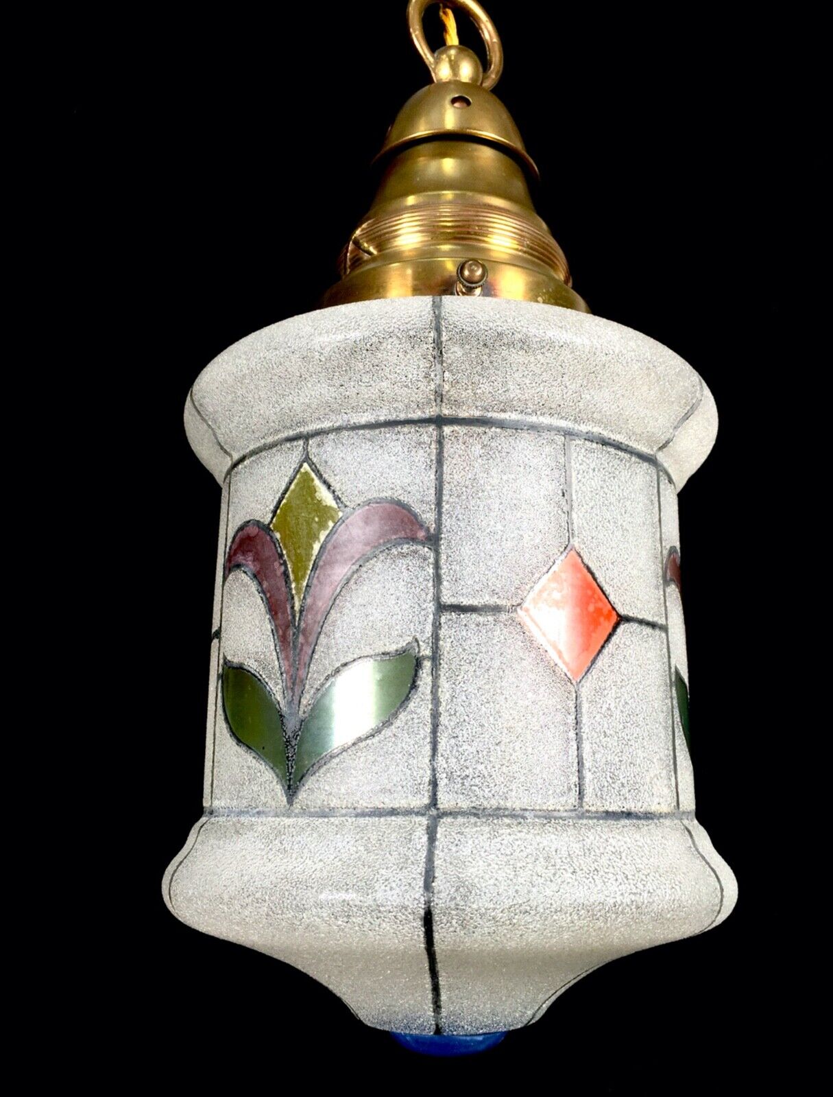 Antique Art Deco Glass Hall Lantern Ceiling Light / Textured Stained Glass c1920