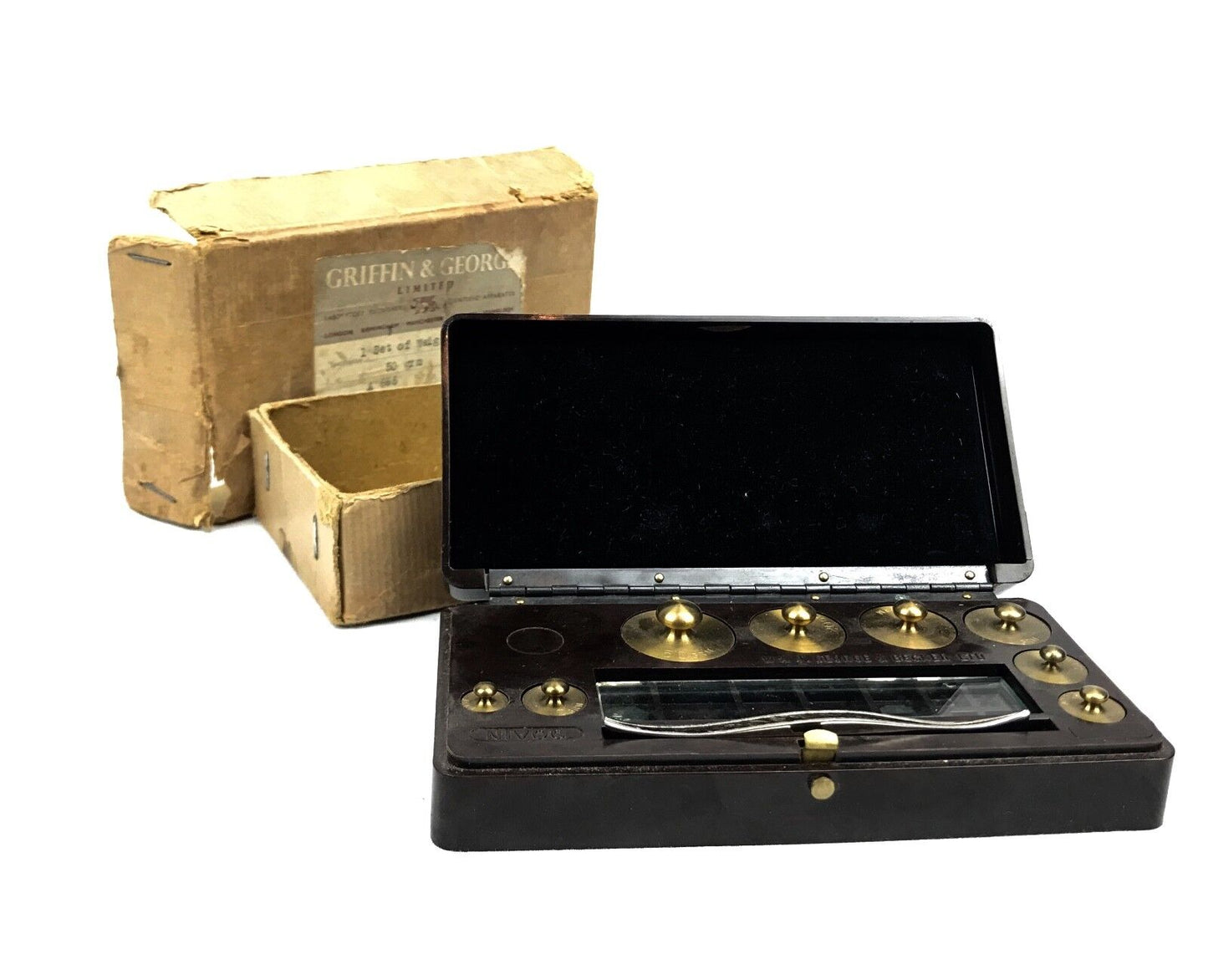 W & J George Becker LTD Bakelite Boxed Brass Apothecary / Scientific Scale Set