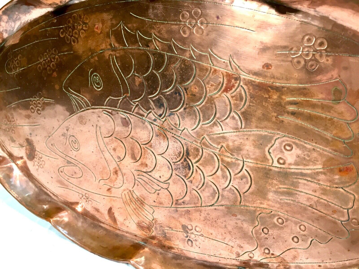 Antique Large Arts & Crafts Copper Tray with Fluted Edge & Fish Design  c.1900