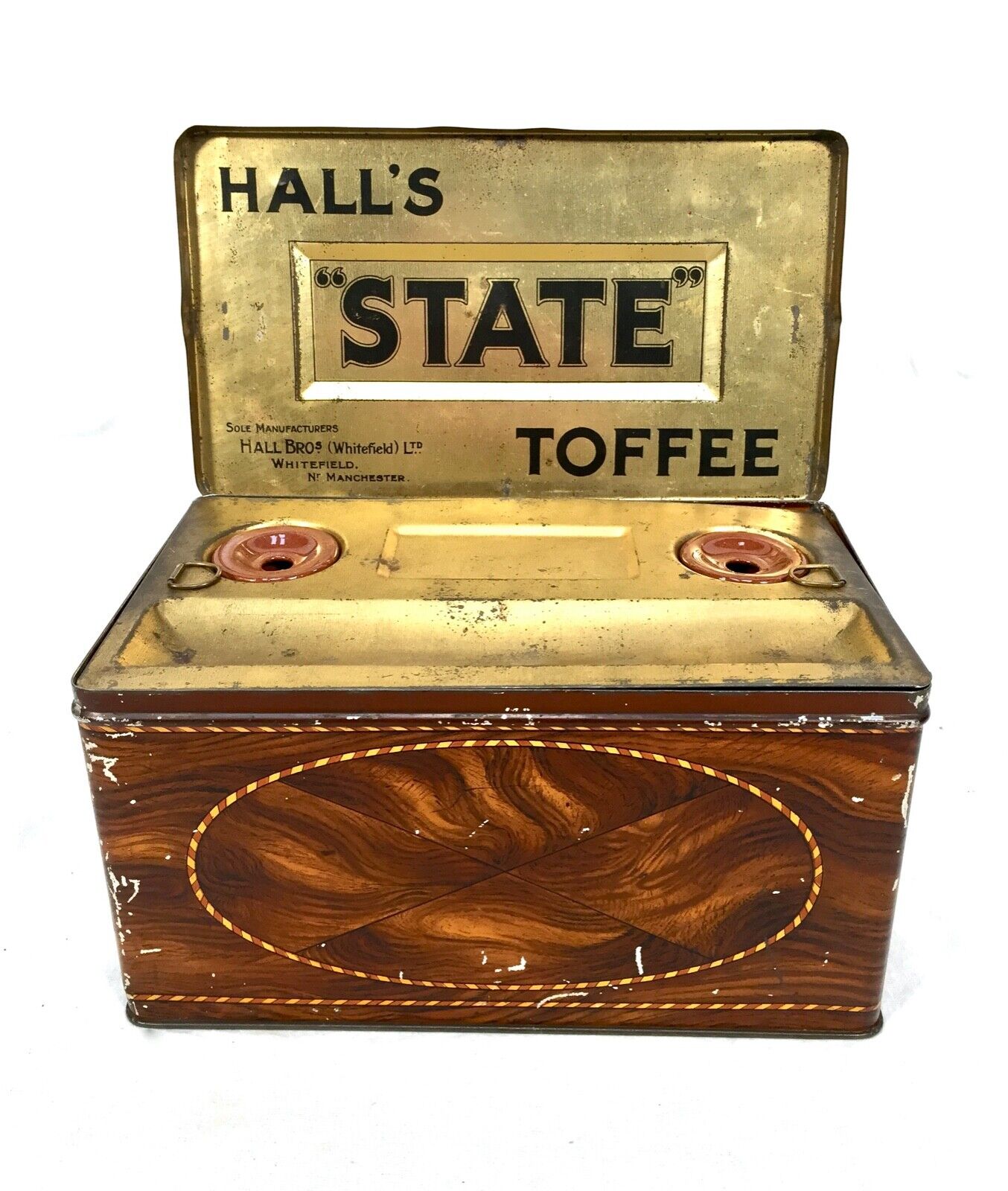 Antique Hall's 1920s Art Deco State Toffee Tin Box / Stationery Inkwell Holder