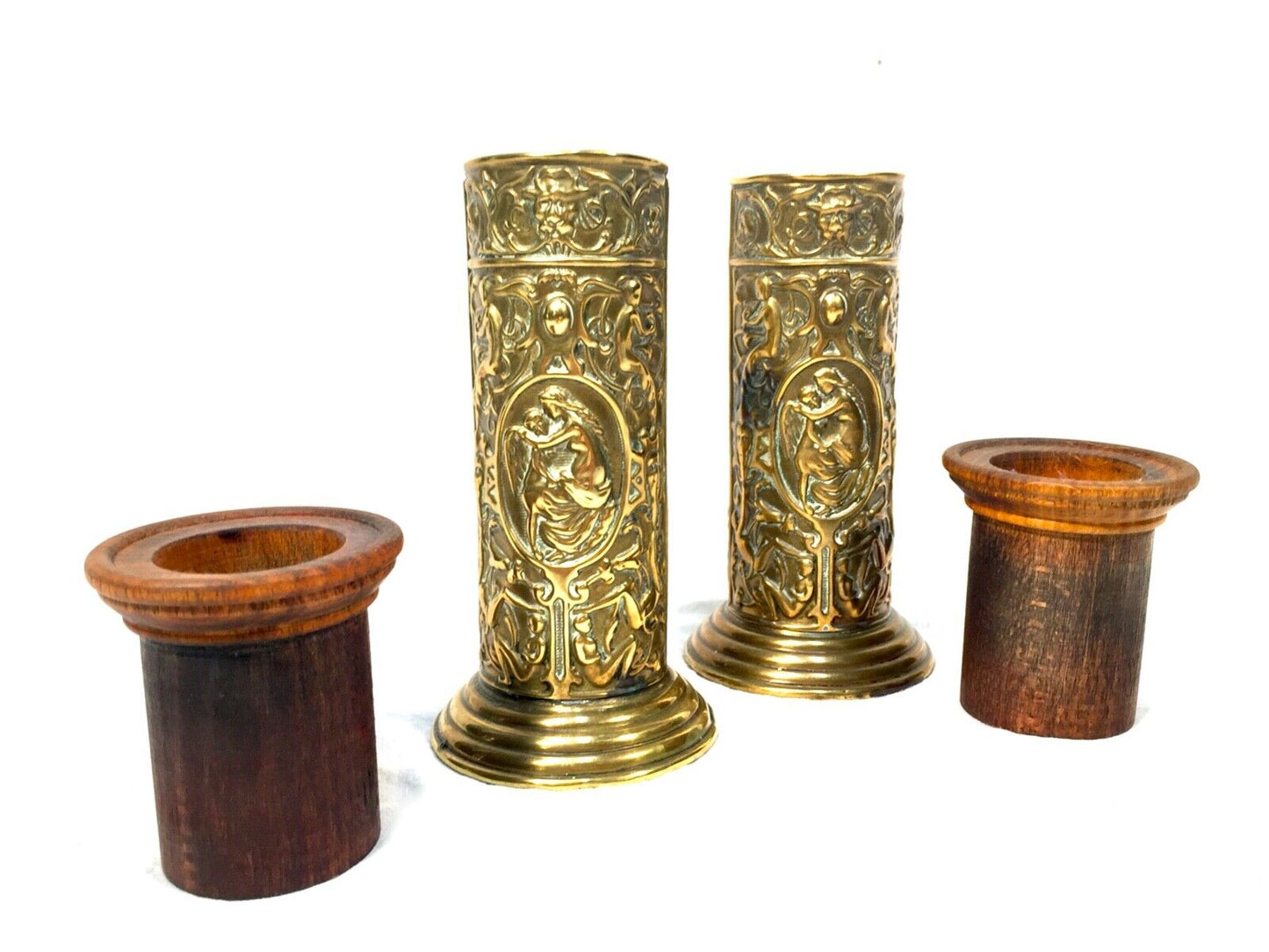 Antique Brass Candlestick Holder Pair / Oak Liners / c.1900 / Chamber / Display