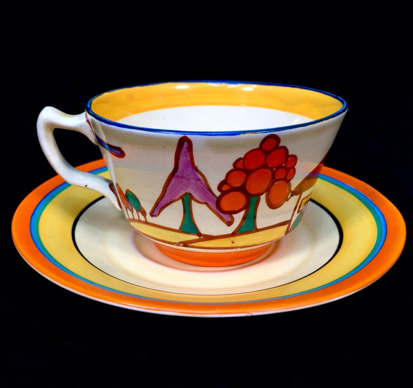 Clarice Cliff Athens Tea Cup & Saucer Seven Colour Trees & House c1930 Bizarre
