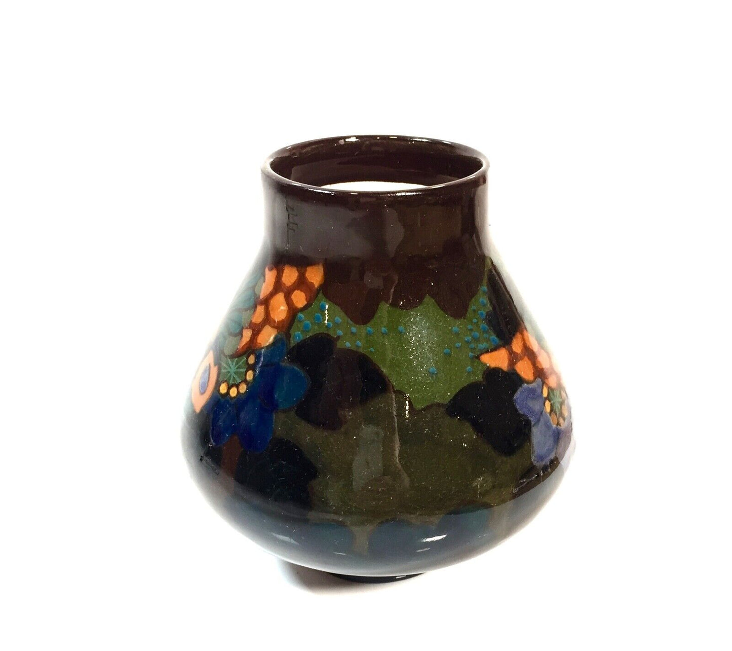 Antique High Glaze Gouda Pottery Art Deco Butterfly Vase / Dutch / Blue / Green