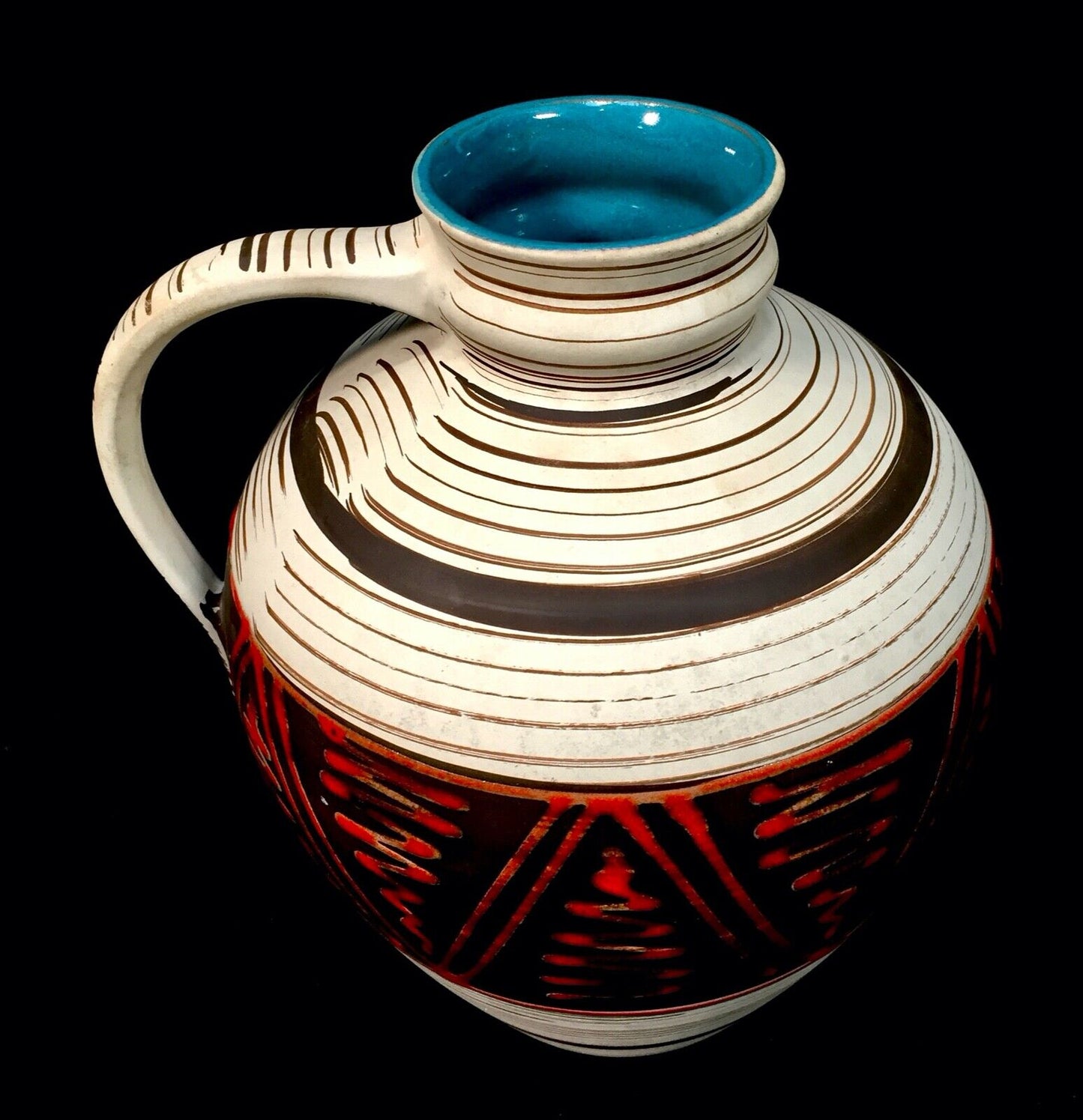 Vintage West German Pottery Fat Vase / Jug /Red & Brown & Cream / Retro 1970s