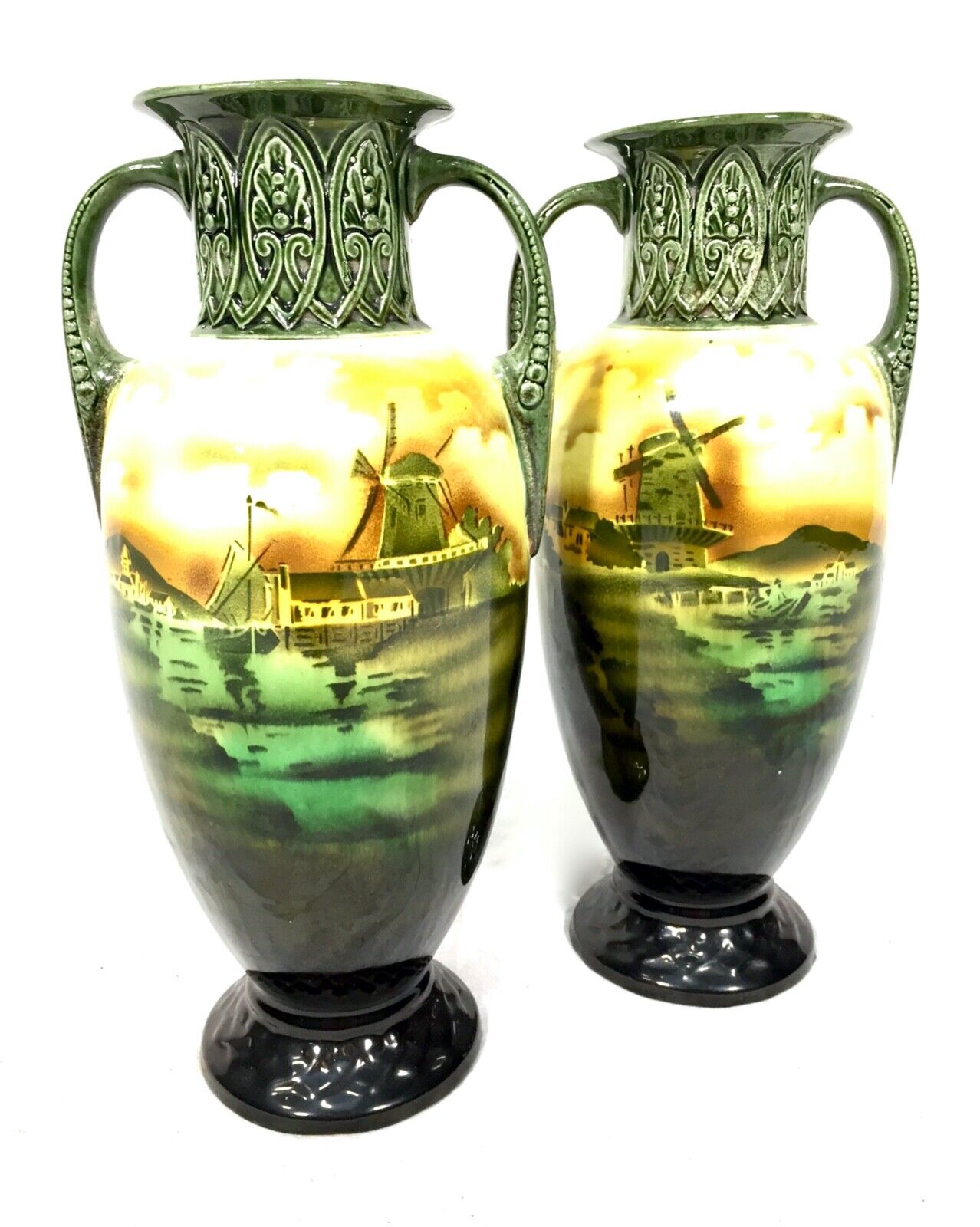 Antique Pair of Czechoslovakia Pottery Vases / Vase Showing Dutch Scenes c.1920