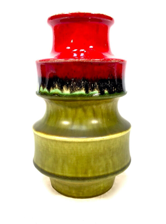 Vintage West German Pottery Fat Lava Vase / Jug / Red & Green / Retro 1970's