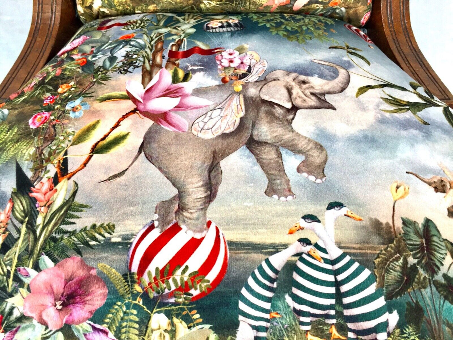 Antique Wooden Oak Bedroom / Hall Chair with Elephant Circus Fabric / Edwardian
