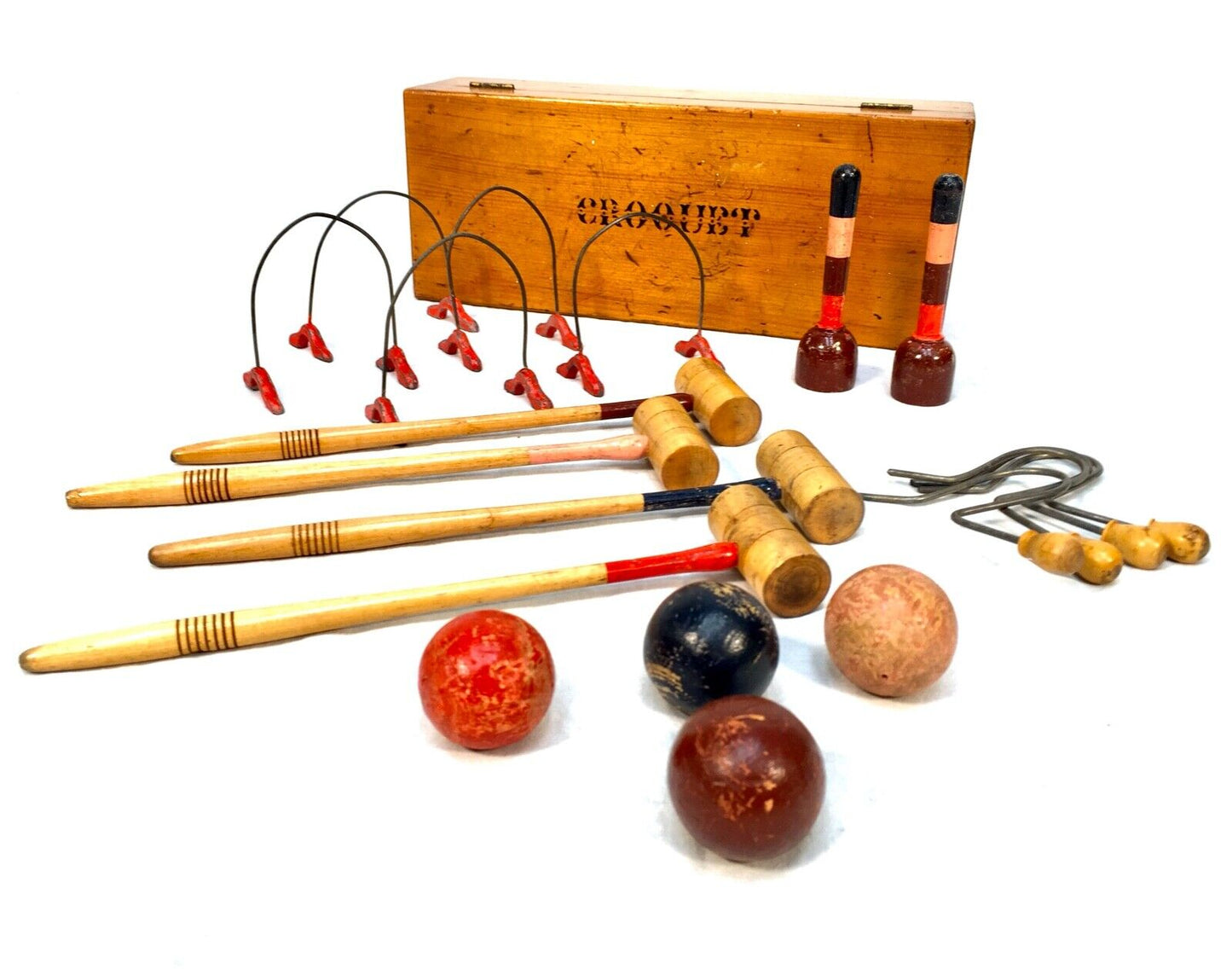 Antique Tabletop Parlour Croquet Game in Wooden Storage Presentation Box / Chest