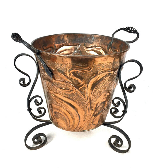 Antique Art Nouveau Copper & Cast Iron Bin / Planter / Arts & Crafts Log Basket